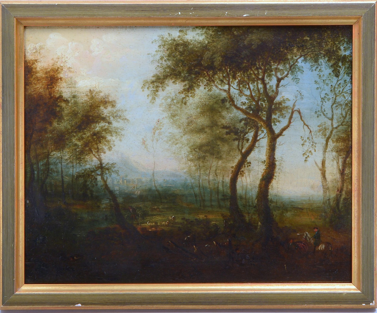 Gemälde (19. Jhdt.), 'Weite Landschaft mit Stadt...', Öl auf Holzplatte, unten li. sign.
