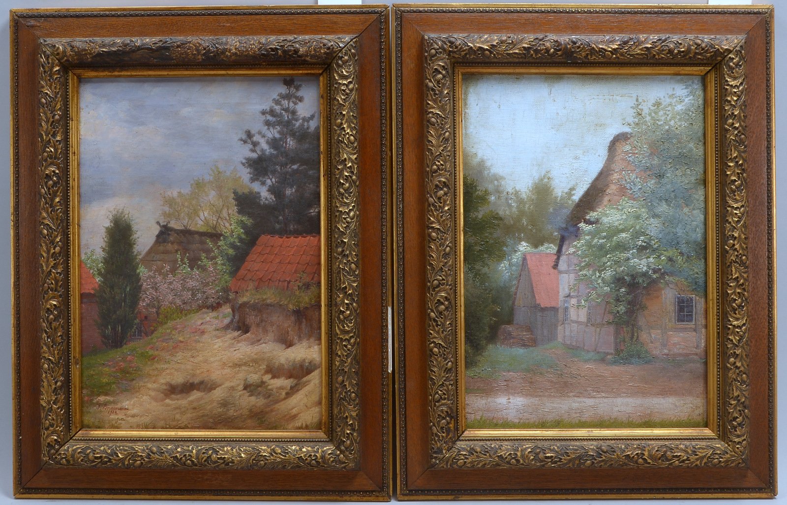 2 Gemälde, 'Landschaften mit Gehöft'/1x sign., 1x Öl/Lw, und 1x Öl auf Platte/gerahmt