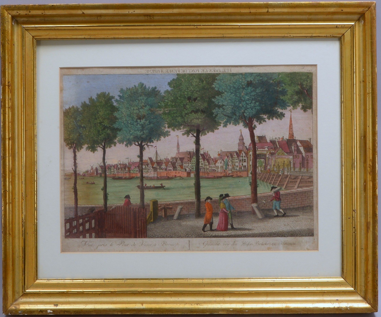 Alter Kupferstich, 'Gesichter bey der Weser Brücke zu Bremen', kol., hinter Glas