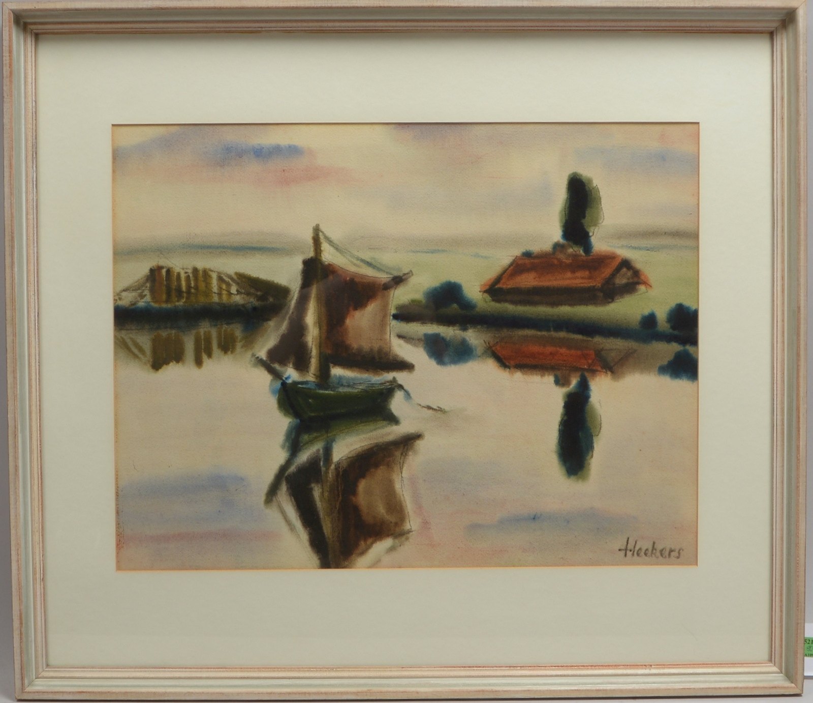 Heekers, 'Segelboot vor Landshaftskulisse', Aquarell, unten re. sign., hinter Glas