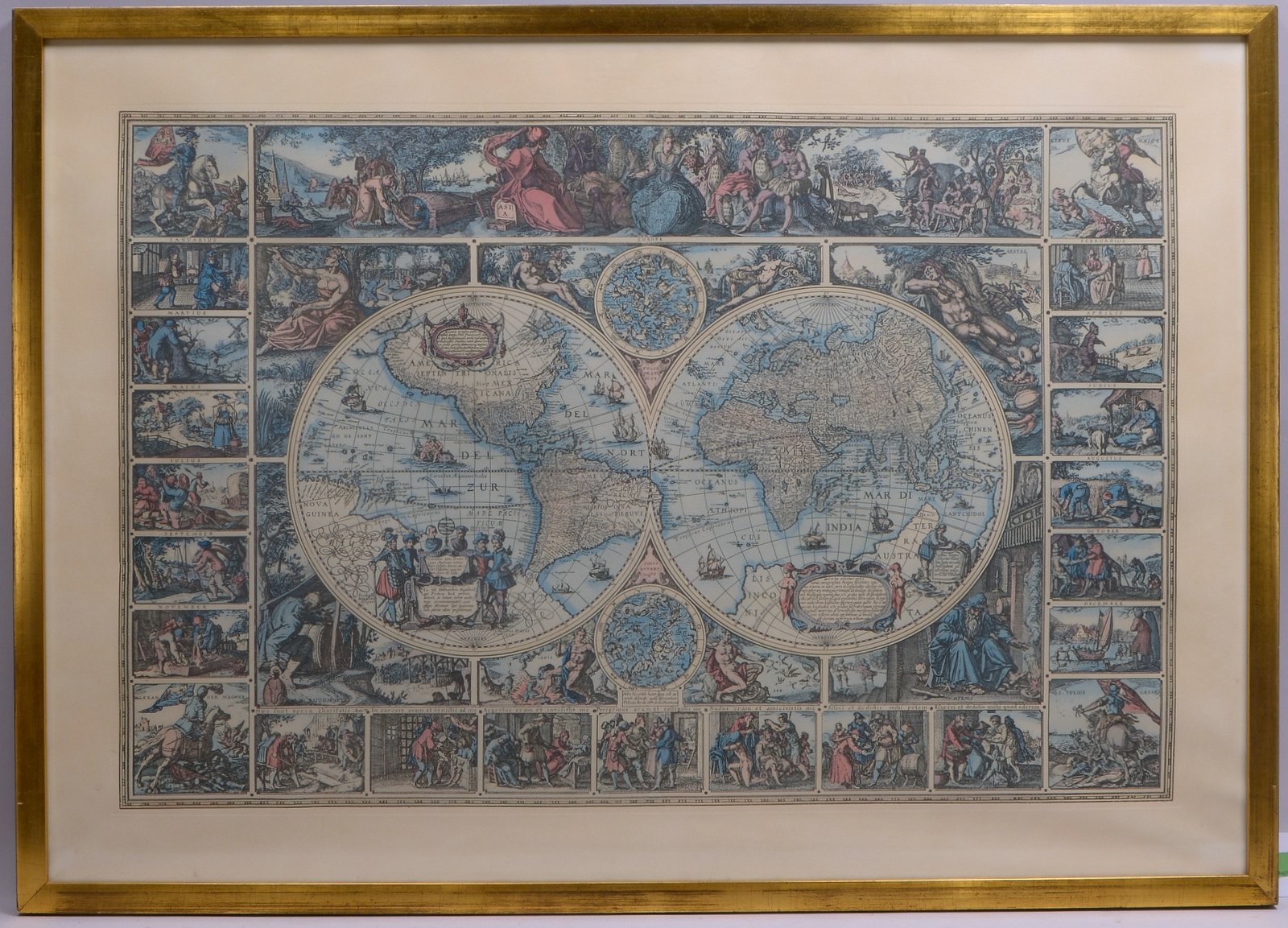 Alte Weltkarte, mit Kalendermonaten/div. Abb., in lat. Sprache, gerahmter Druck