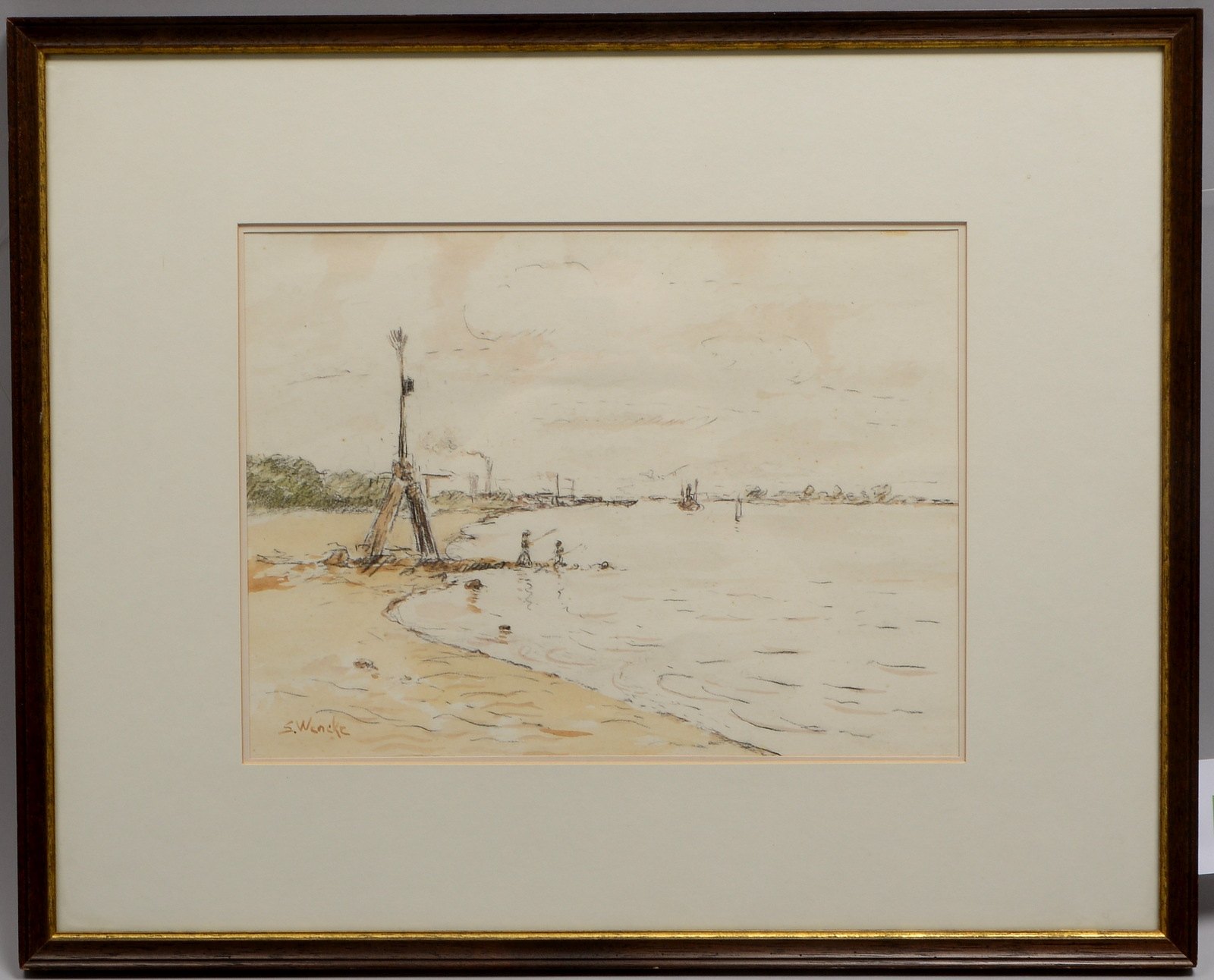 Wencke, Sophie, 'An der Weser', aquarell. Kohlezeichnung, signiert, hinter Glas