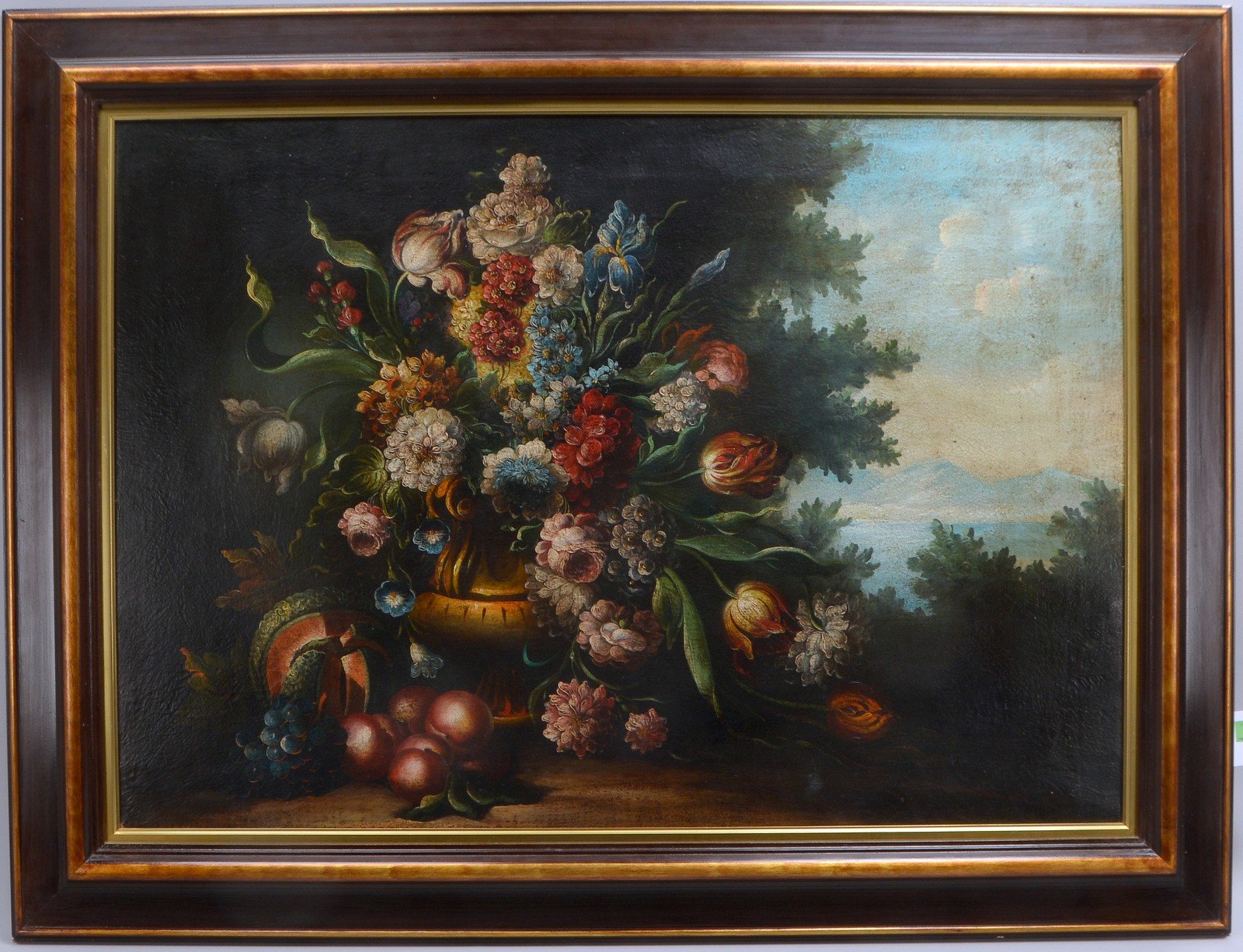 Gemälde, 'Blumenstillleben mit Früchten vor Landschaft', Öl/Lw, unsign.; Maße 71 x 100 cm