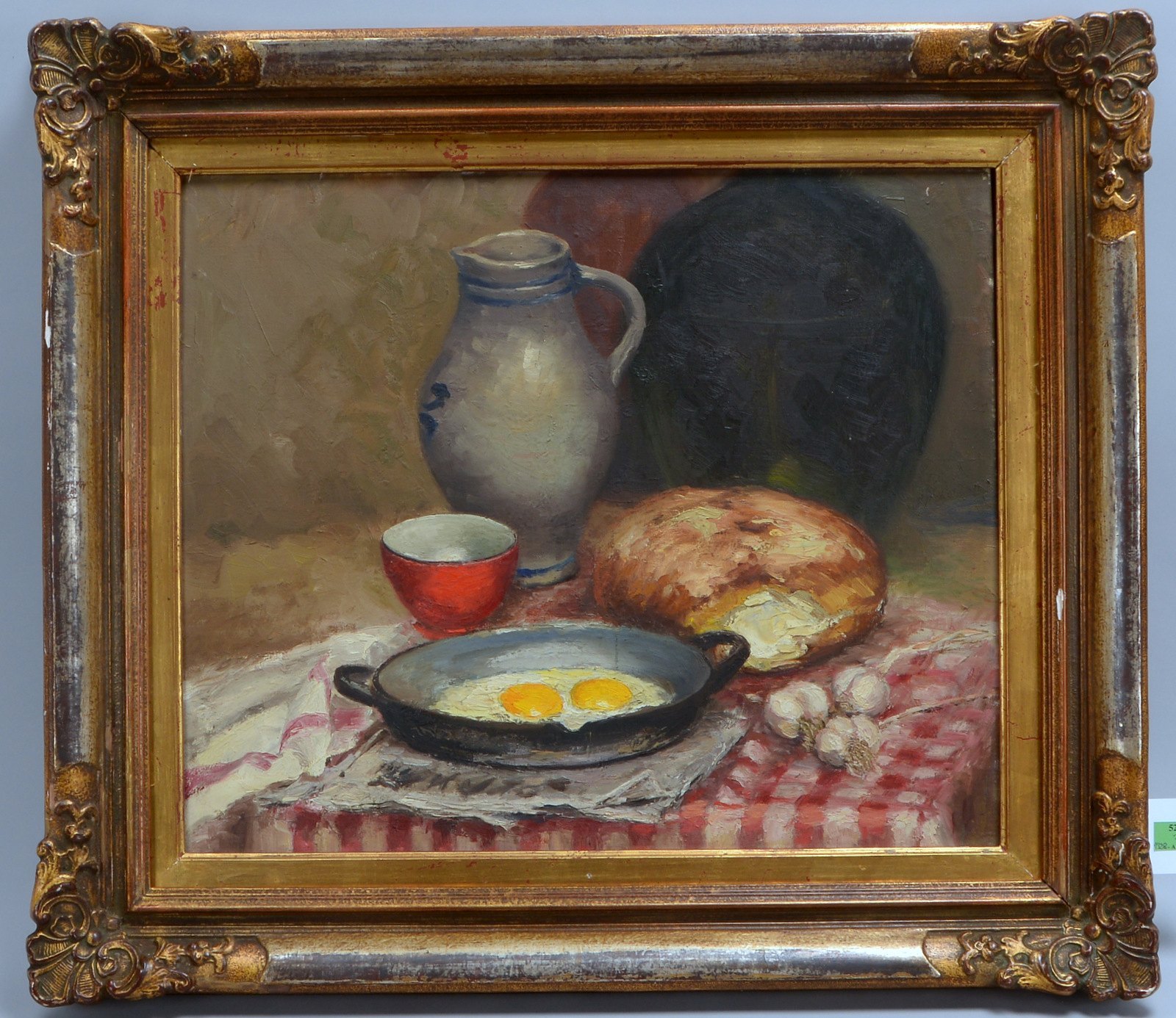 Gemälde, 'Küchenstillleben mit Brot, Brateiern und Krug', Öl/Lw, verso sign.