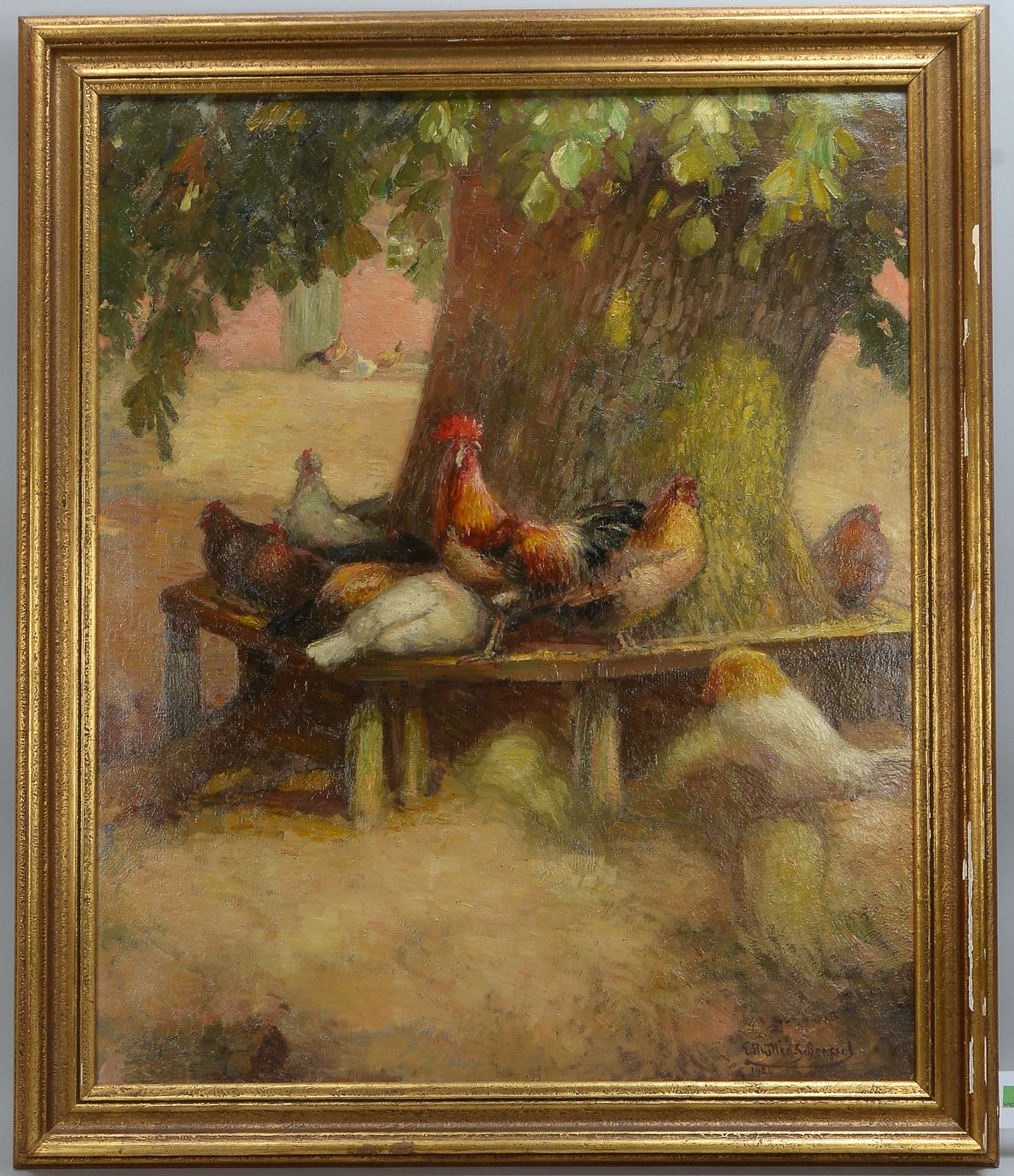 Müller-Scheeßel, Ernst, 'Hühner auf Gartenbank', Öl/Lw, unten re. sign./dat. '1920'