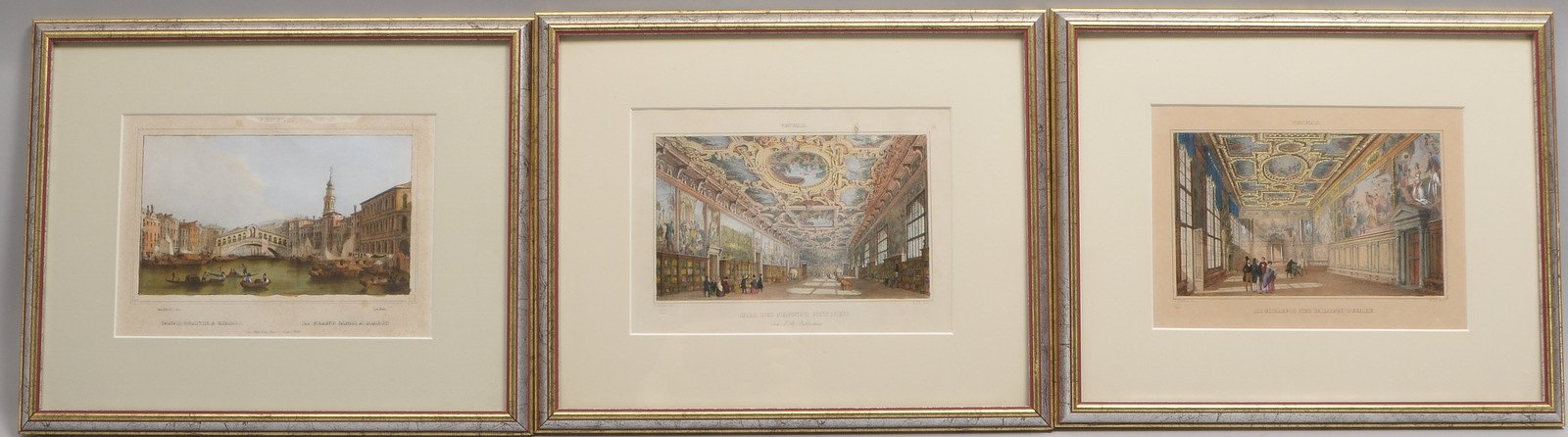 3 antike Lithografien, 'Venezian. Ansichten': 1x Kier, handkol.; 2x Pividor, Giovanni