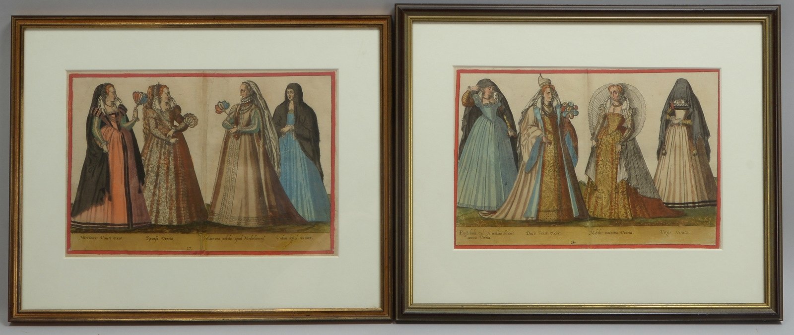de Bruyn, Abraham, 'Venezian. Edelfrauen', 2 orig. Kupferstiche, altkol., hinter Glas
