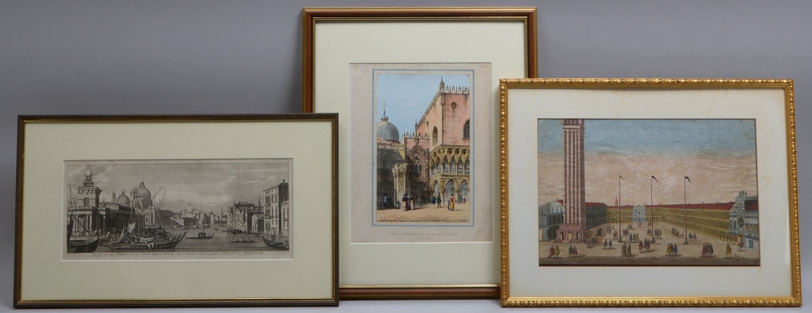 3 antike Kupferstiche, 'Venezian. Ansichten': u.a. nach A. Canaletto/nach M. Moro