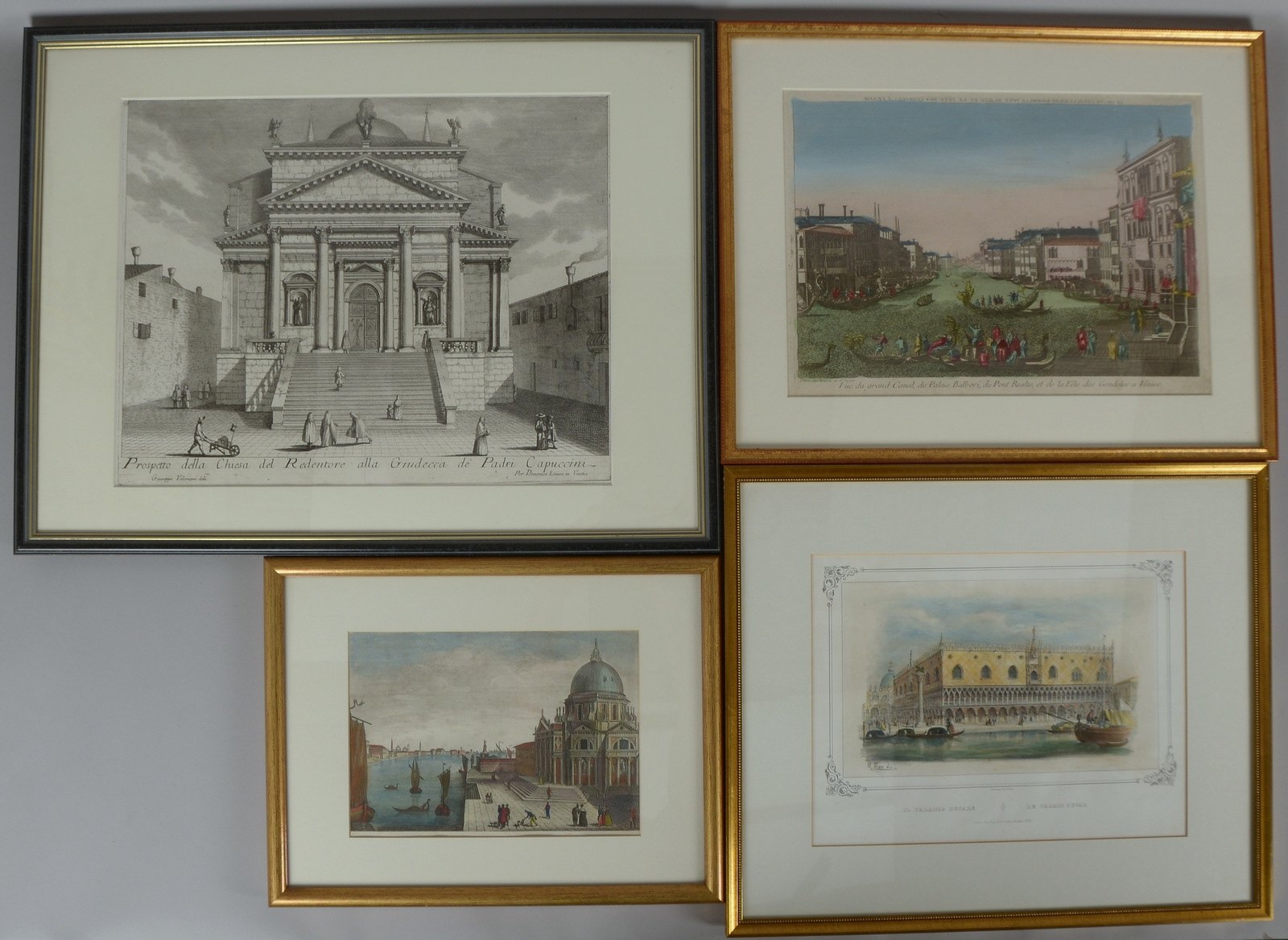 4 antike Grafiken, 'Venezian. Ansichten': 3x Kupferstiche/1 Lithografie, hinter Glas
