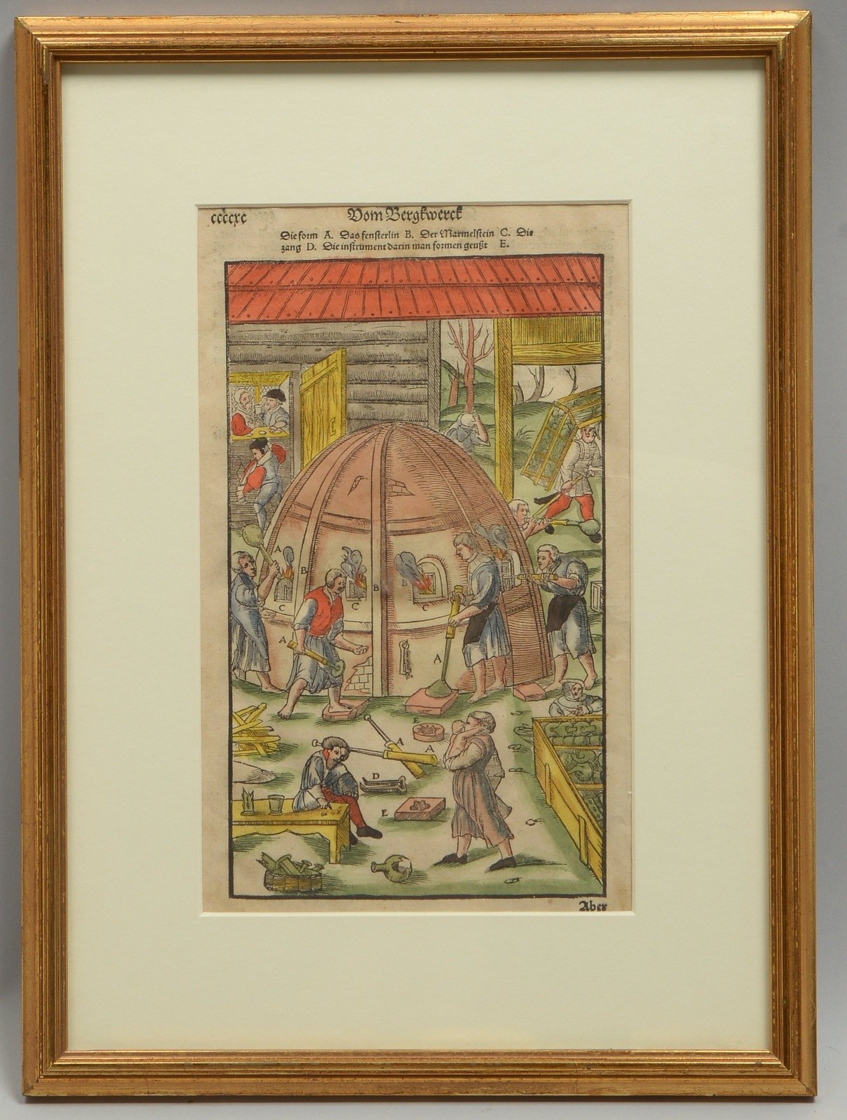 Orig. Holzschnitt (aus Agricola, 'De re metalli'), 'Vom Bergwerk', handkol., hinter Glas