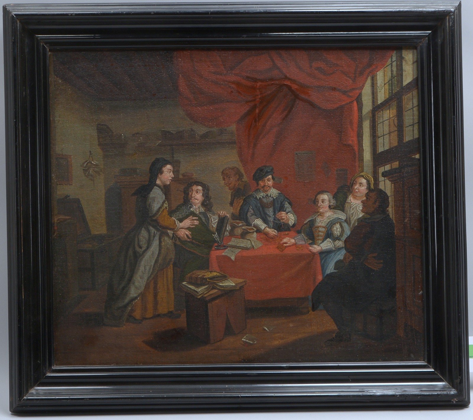 Gemälde (18. Jhdt.), 'Geschäftiges Treiben am roten Tisch', Öl/Lw; Maße 49 x 57,5 cm