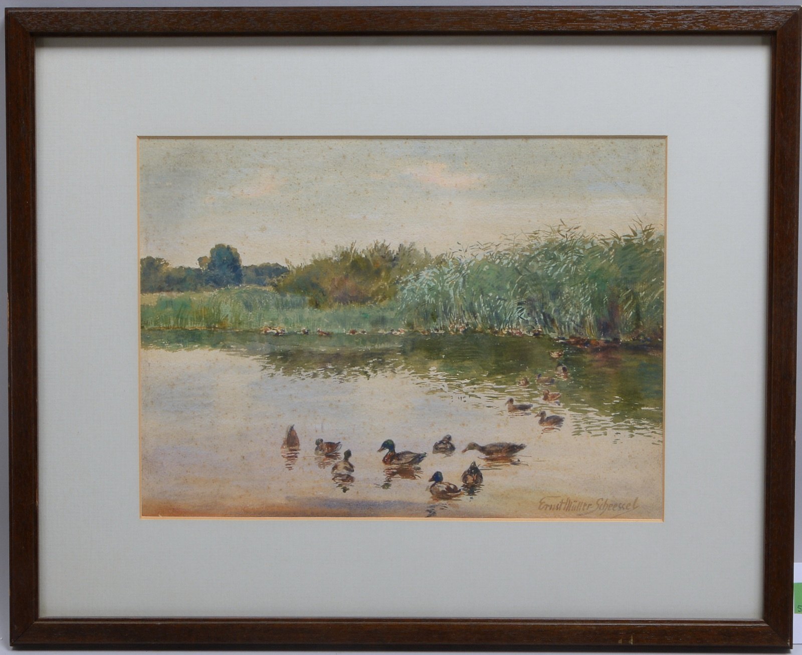 Müller-Scheeßel, Ernst, 'Entenfamilie auf dem Fluss', Aquarell, unter PP hinter Glas