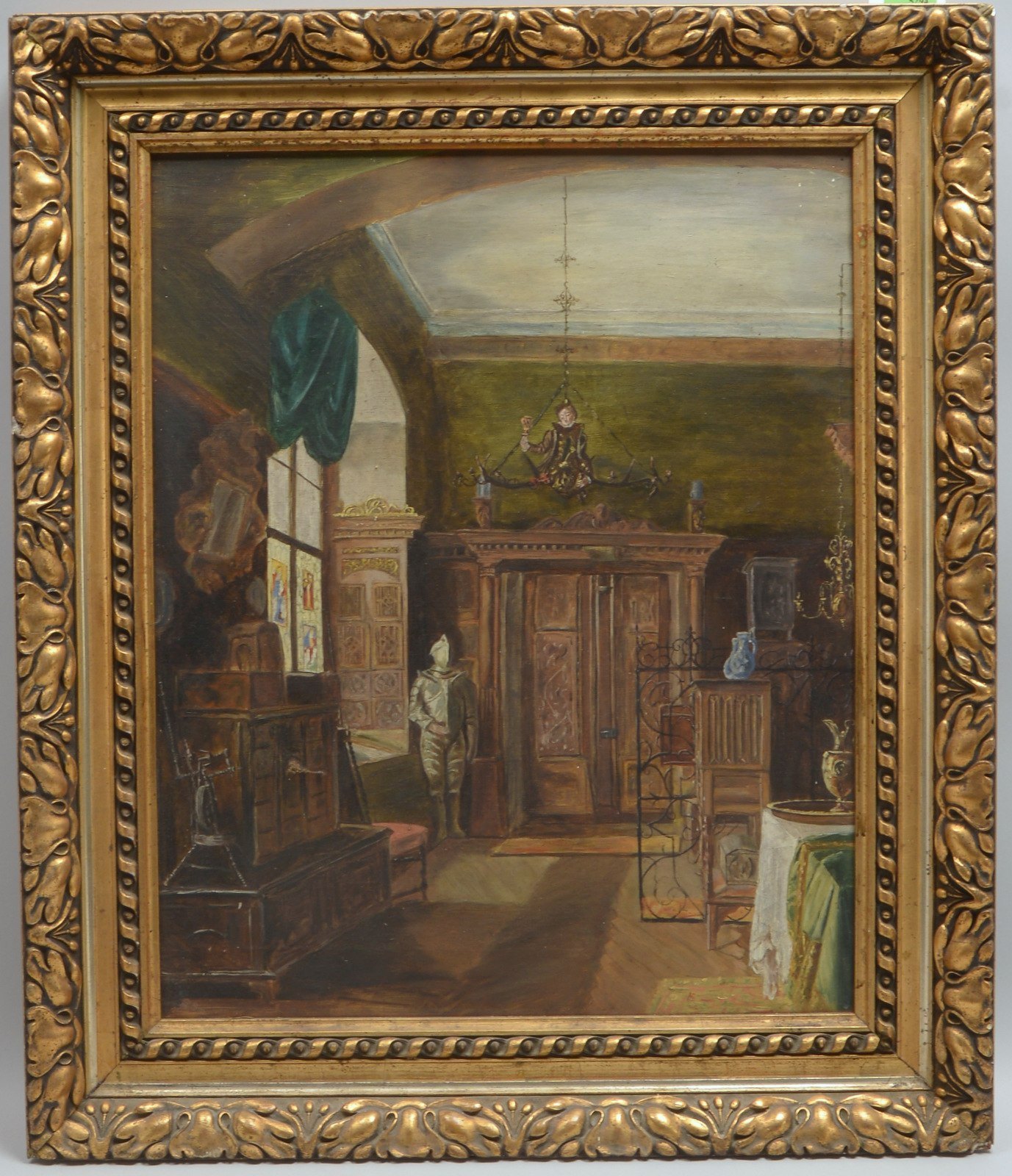 Gemälde, 'Interieur mit Ritterrüstung', Öl/Lw, unsign.; Rahmenmaße 80 x 68 cm