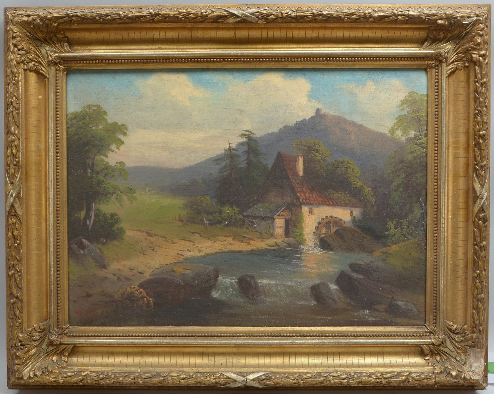 Riffart(?), 'Wassermühle vor Burgruine am Fluss', Öl/Lw, unten li. sign./dat. '1892'