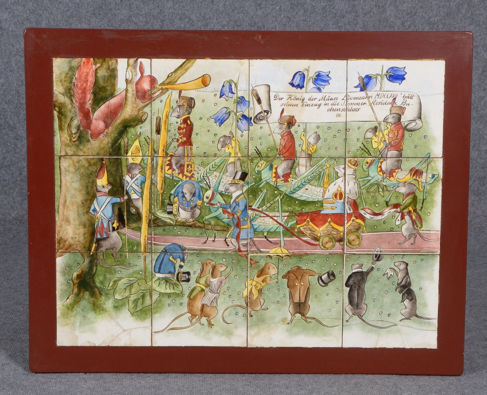 Kacheltisch mit grr Kachelbild aus 12x handbemalten Kacheln 'Mäusekönig', monogr.