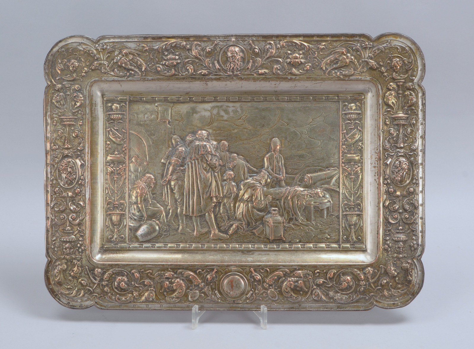 Prunktablett, Metall/Kupfer versilb., Reliefdarst. 'El cadaver de A. de Castro'