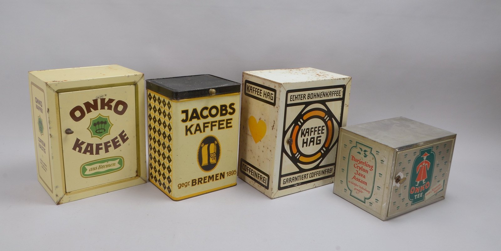 4 Sammler-Blechdosen, alt, 'Kaffee-Marken', verschiedene Ausführungen