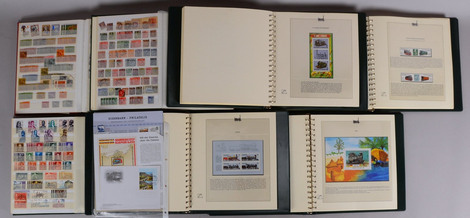 Briefmarkensammlung, 'Eisenbahn', 'Spanien', 'GB und Annexionen' und Portugal, u.a. - in 4x Lindner-