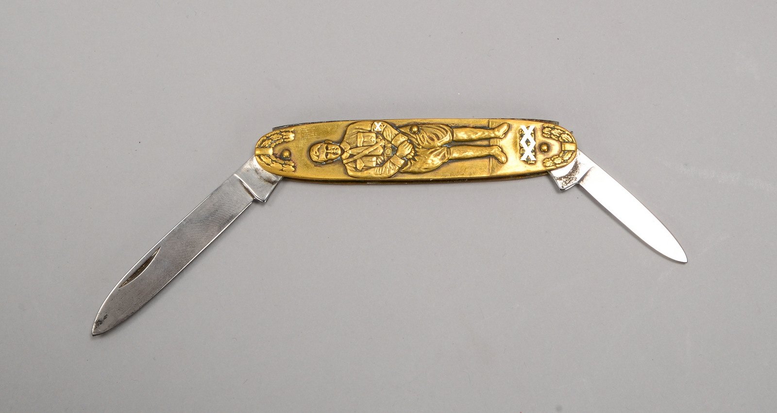 Taschenmesser ('III. Reich'), 2x Klingen, Messing-Griffschale, 'Hoheitsadler', Slogan/Darst.