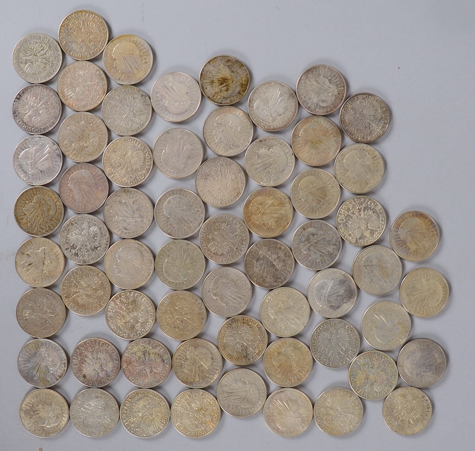 Münzsammlung ('Volksrep. Polen'), 750 Silber: 62x '10 Zloty', versch. Jahrgänge; Gew. 1.355 g