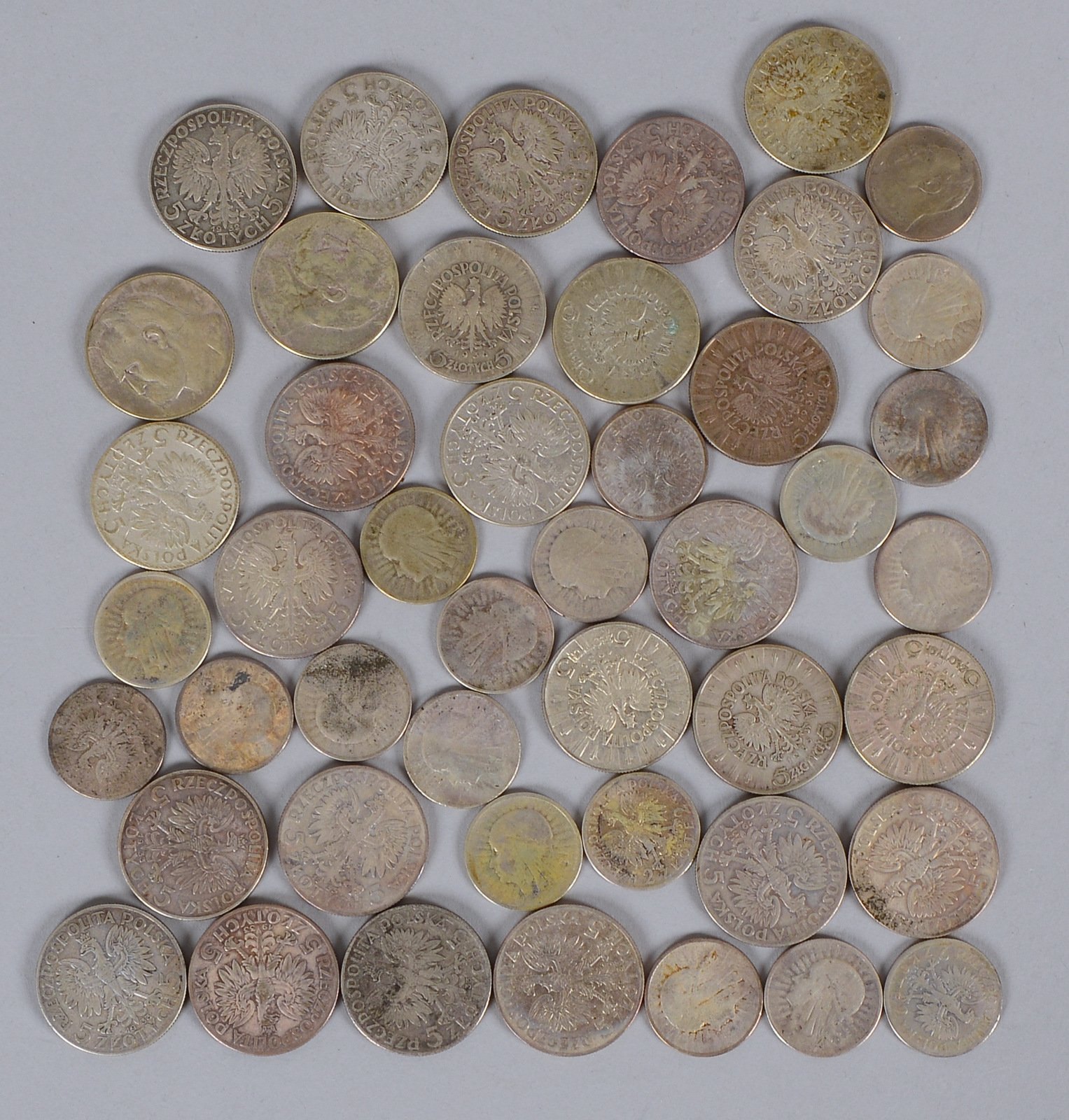 Münzsammlung ('Volksrep. Polen'), 750 Silber: 27x '5 Zloty', und 19x '2 Zloty'; Gew. 375 g