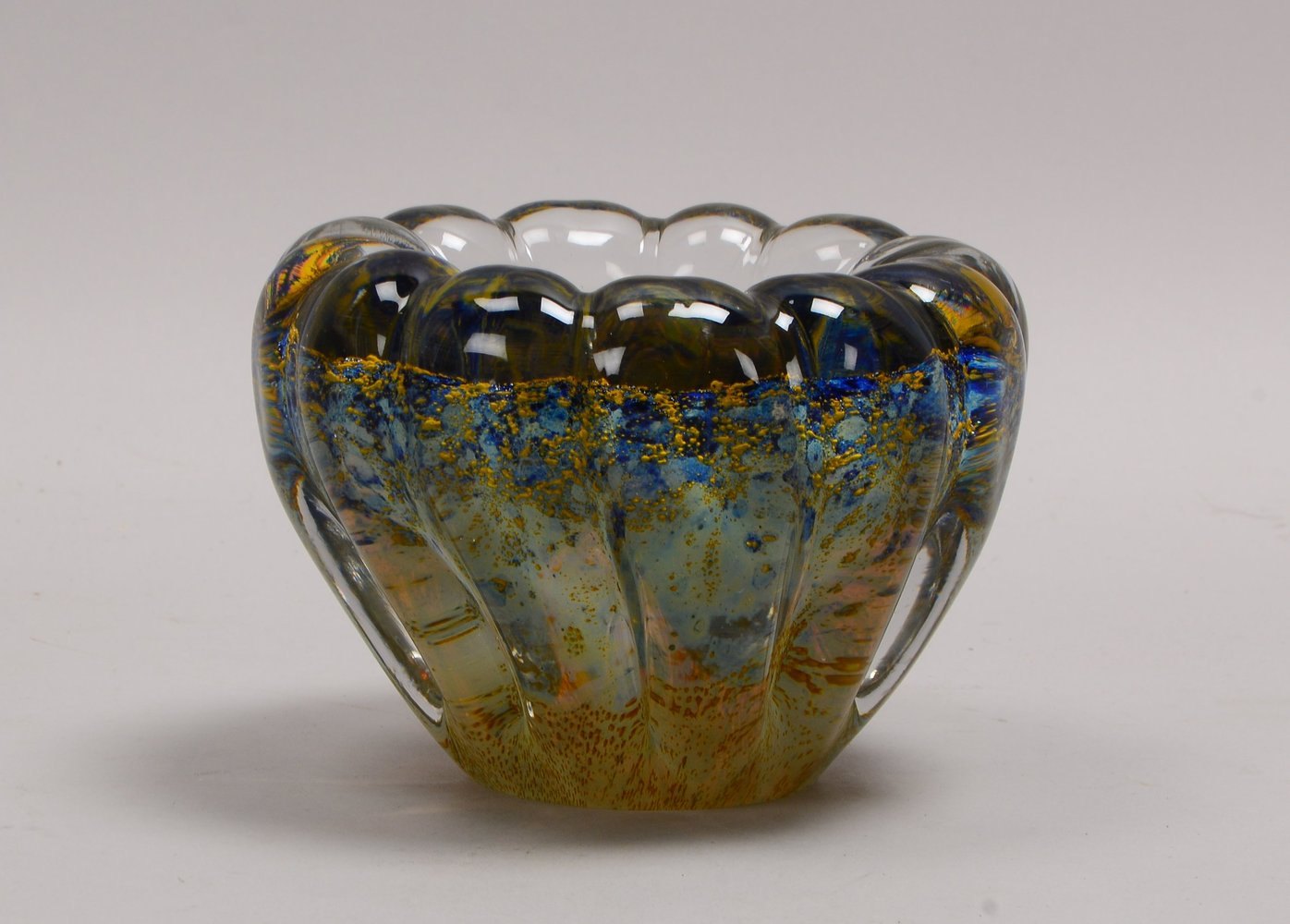 Glasschale, doppelwandiger Korpus, Klarglas mit blauen/goldf. Einschlüssen