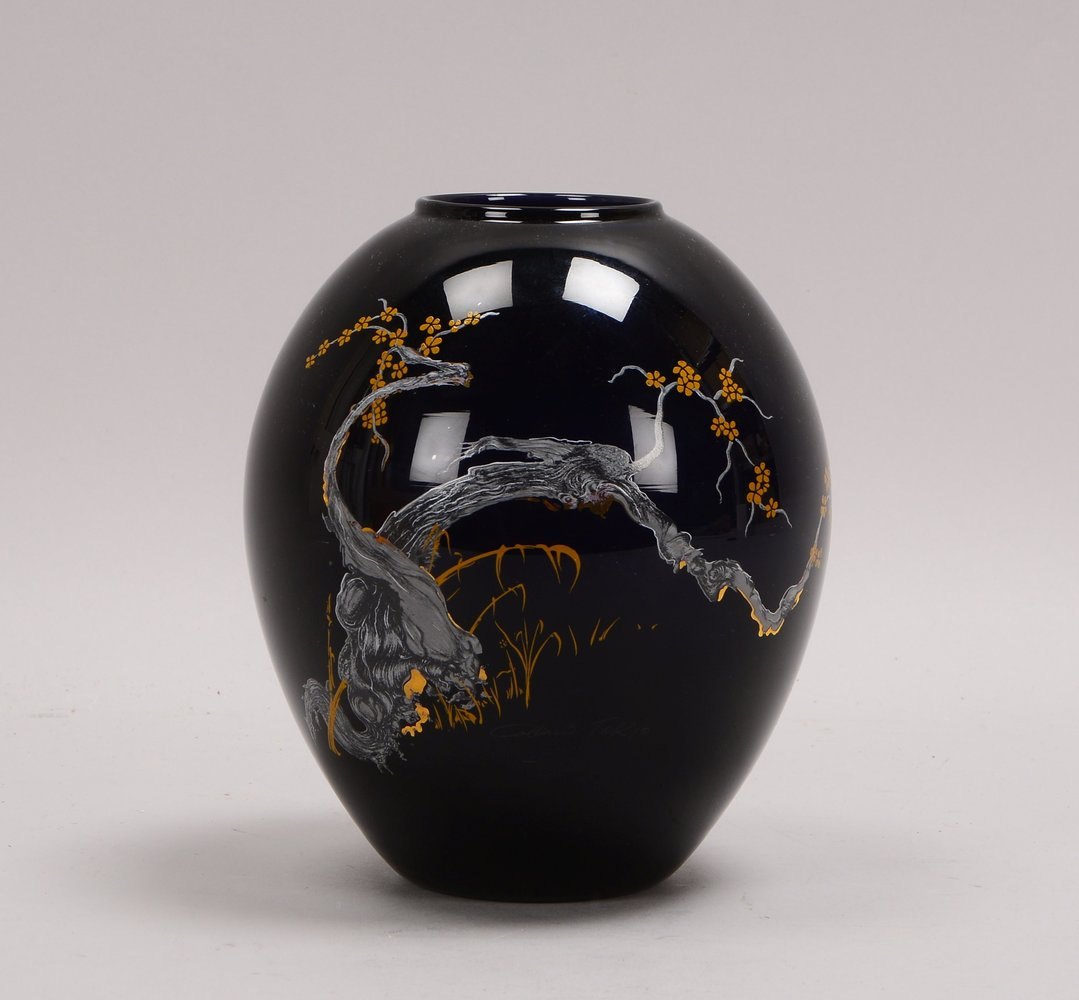 Ritzenhoff, Designer-Tischvase, 'Tokyo', dkl.blaues Glas/Bemalung, Entw. L. Colani