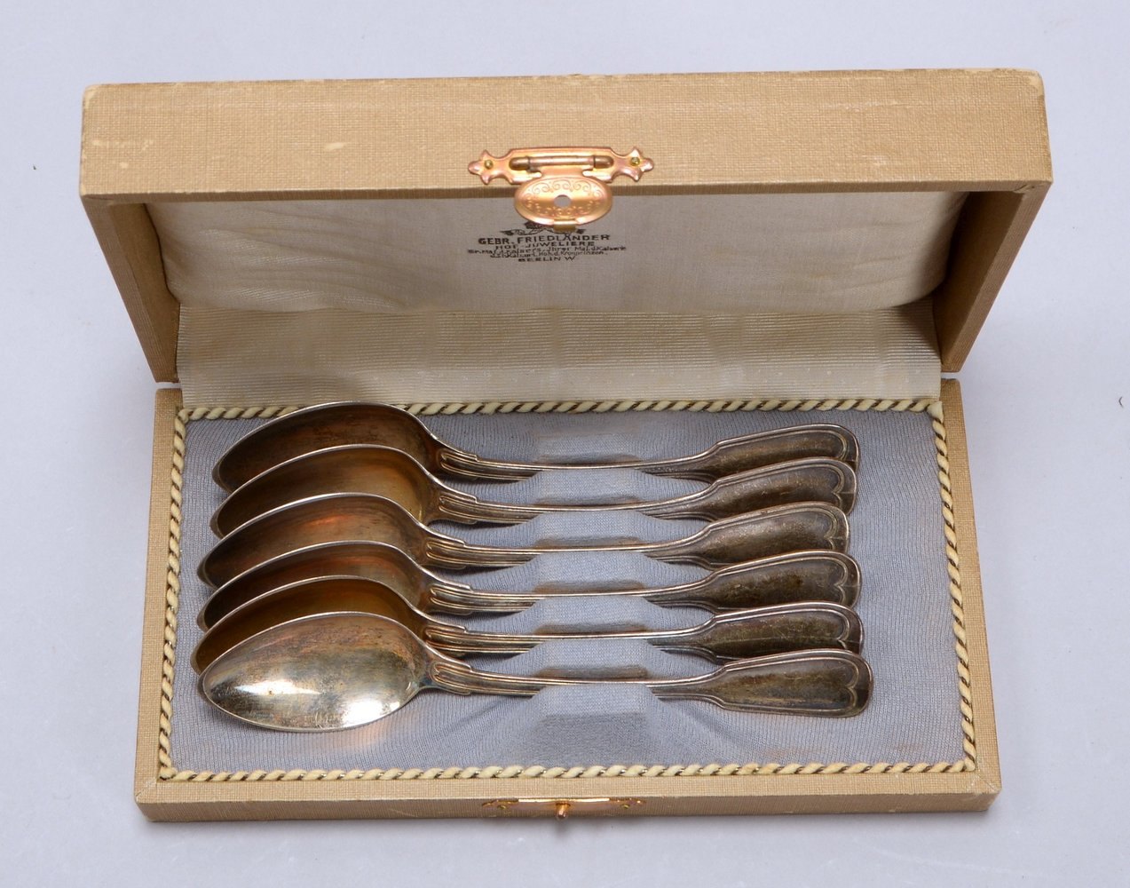 Satz Teelöffel ('Gebr. Friedländer'), 800 Silber, 'Augsburger Faden', 6 Stück, orig. Karton
