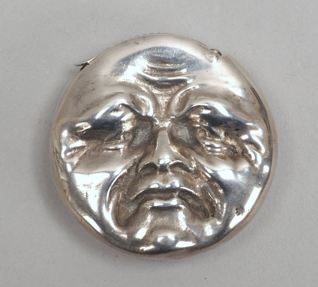 Streichholz-Etui, Sterlingsilber, runde Form, beids. Maskenrelief: 'Melpomene'/'Thalia'