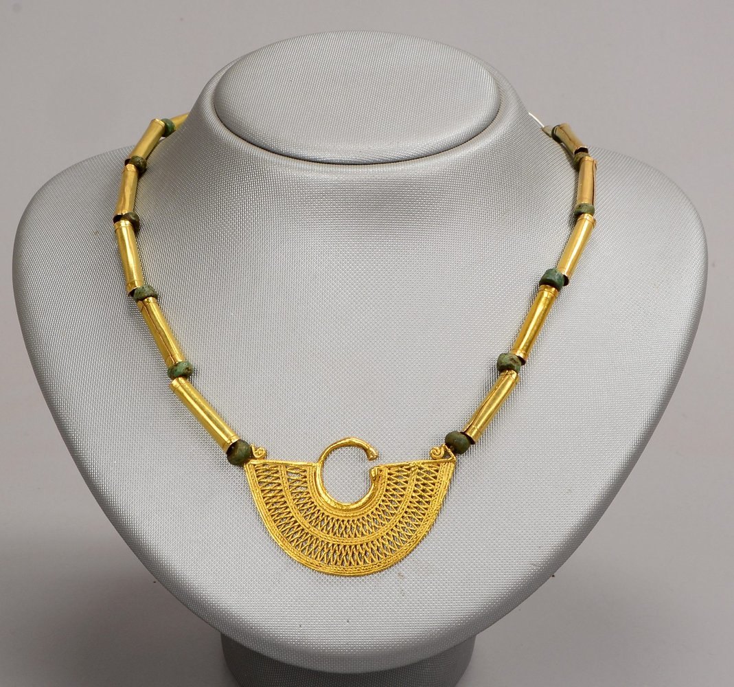 Azteken-Collier, mit 750 GG-Sinú-Anhänger, stabf. 585 GG-Zwischenelem. und Türkis