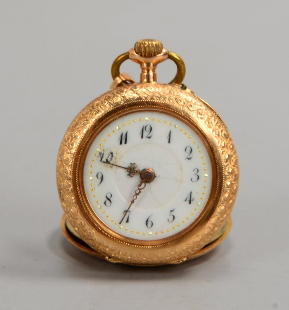 Damen-Taschenuhr, 585 GG, Metall-Staubdeckel - läuft nicht an; Gew. 19 g