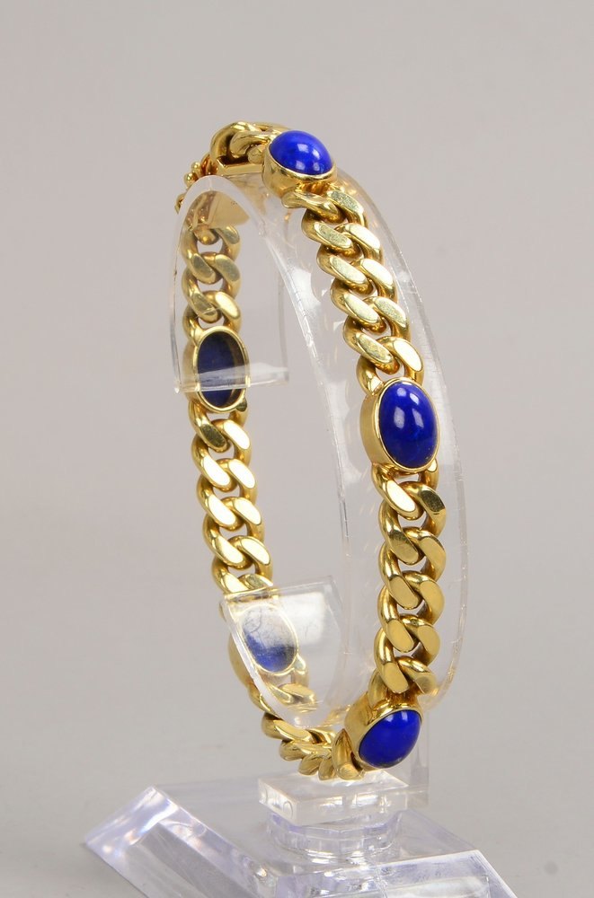 Panzerarmband, 585 GG (gest.), mit 5-f. Lapislazuli-Besatz, mit Steckschließe