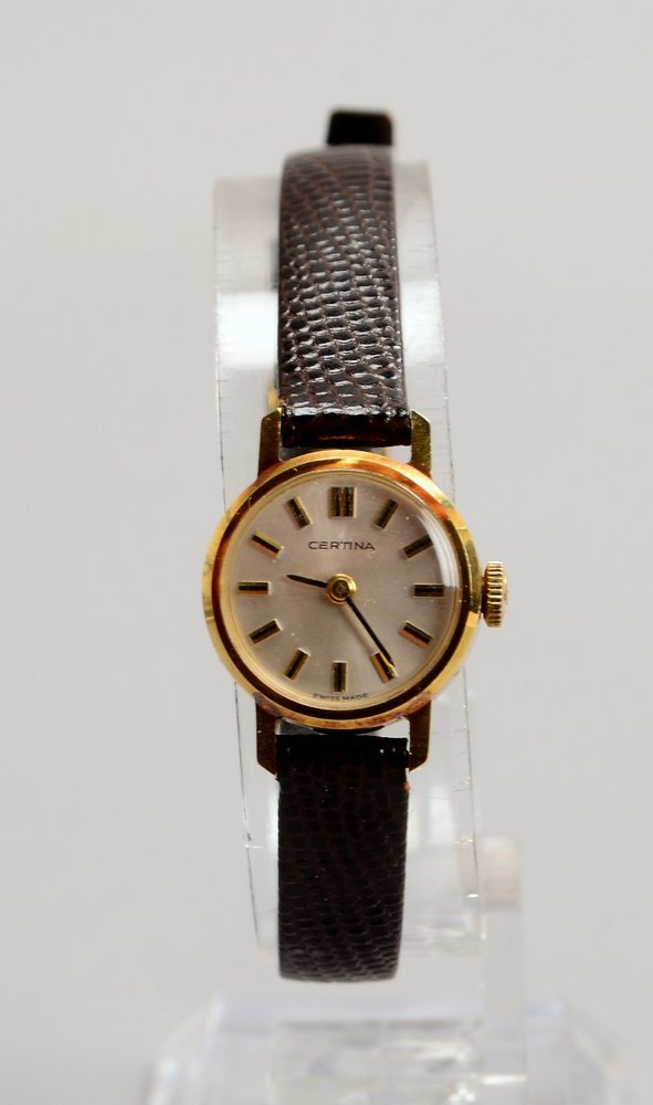 DAU Certina, Handaufzug, 585 GG-Gehäuse an Lederarmband - läuft an; Ø 17 mm