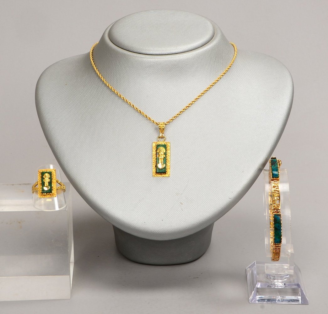 Schmuckset, 750 GG (gest.), mit Malachitbesatz: Kette/Anhänger, Armband und Ring