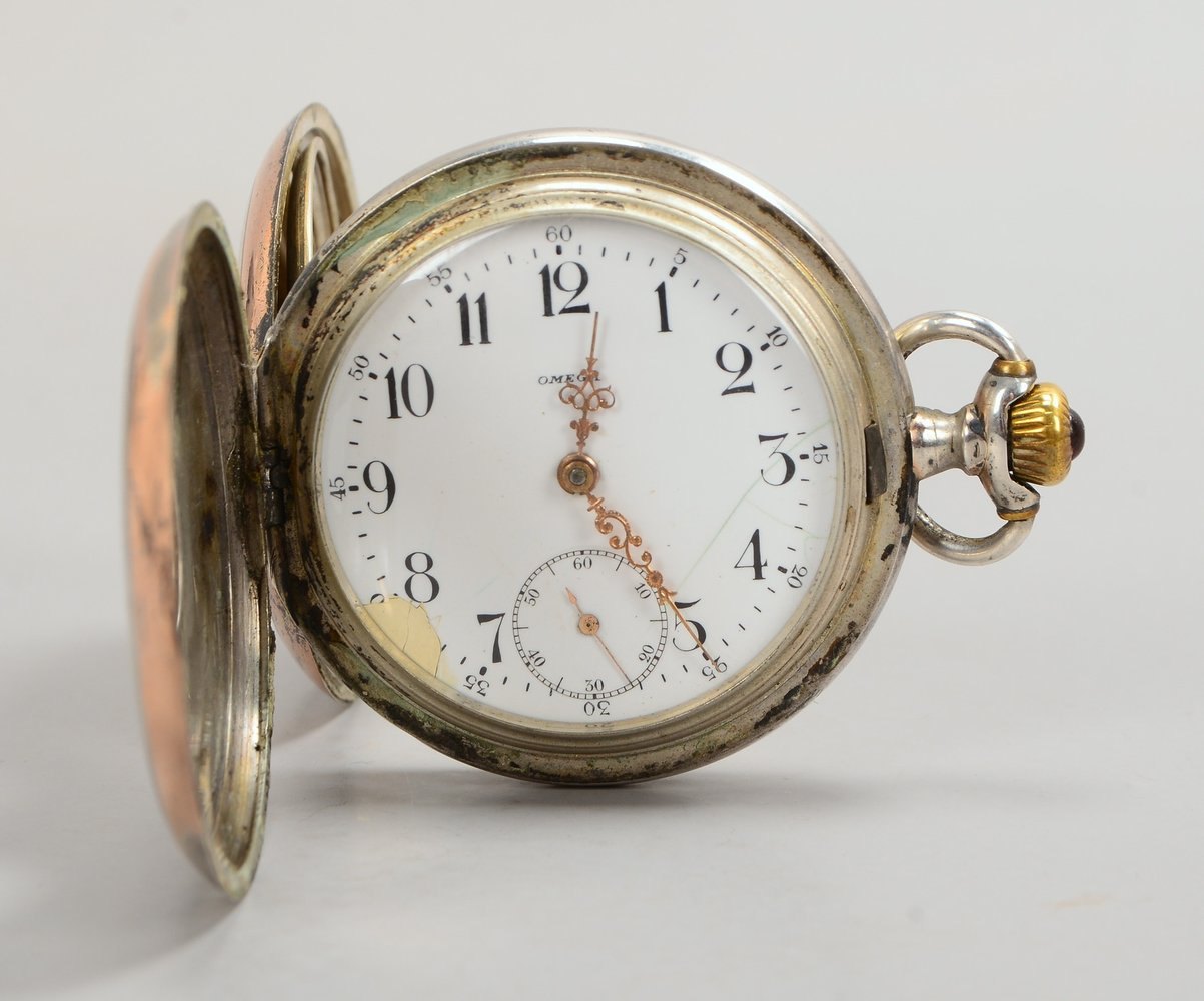 Taschenuhr, Omega, 800 Silber, läuft an; Ø 50 mm (Ziffernblatt mit Rissen/Fehlstellen)
