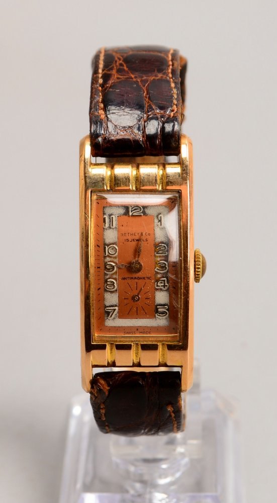 Unisex-Armbanduhr, Rethey & Co., Metall-Gehäuse an Lederarmband, Handaufzug