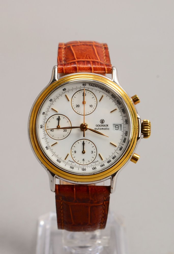 HAU/Chronograph, Goldgilde, Edelstahl-Gehäuse an Lederarmband, Automatik