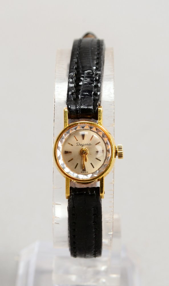 DAU Dugena, 750 GG-Gehäuse, Handaufzug, an Lederarmband - Uhr läuft an