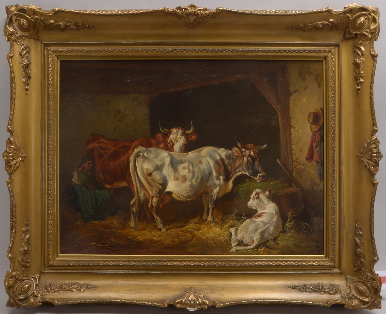 Voltz, Friedrich, 'Magd im Viehstall', Öl/Lw, unten re. sign.; Bildmaße 59,5 x 82,5 cm