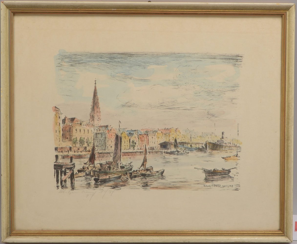 Wilke, Paul Ernst, 'Bremerhaven', Farblithografie, sign., hinter Glas; Blattmaße 47 x 57 cm
