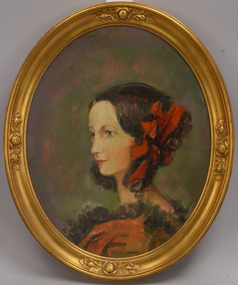 Reimer, Tom, 'Frauenportrait', Öl auf Holz/gerahmt, oben sign. und dat., ovale Form