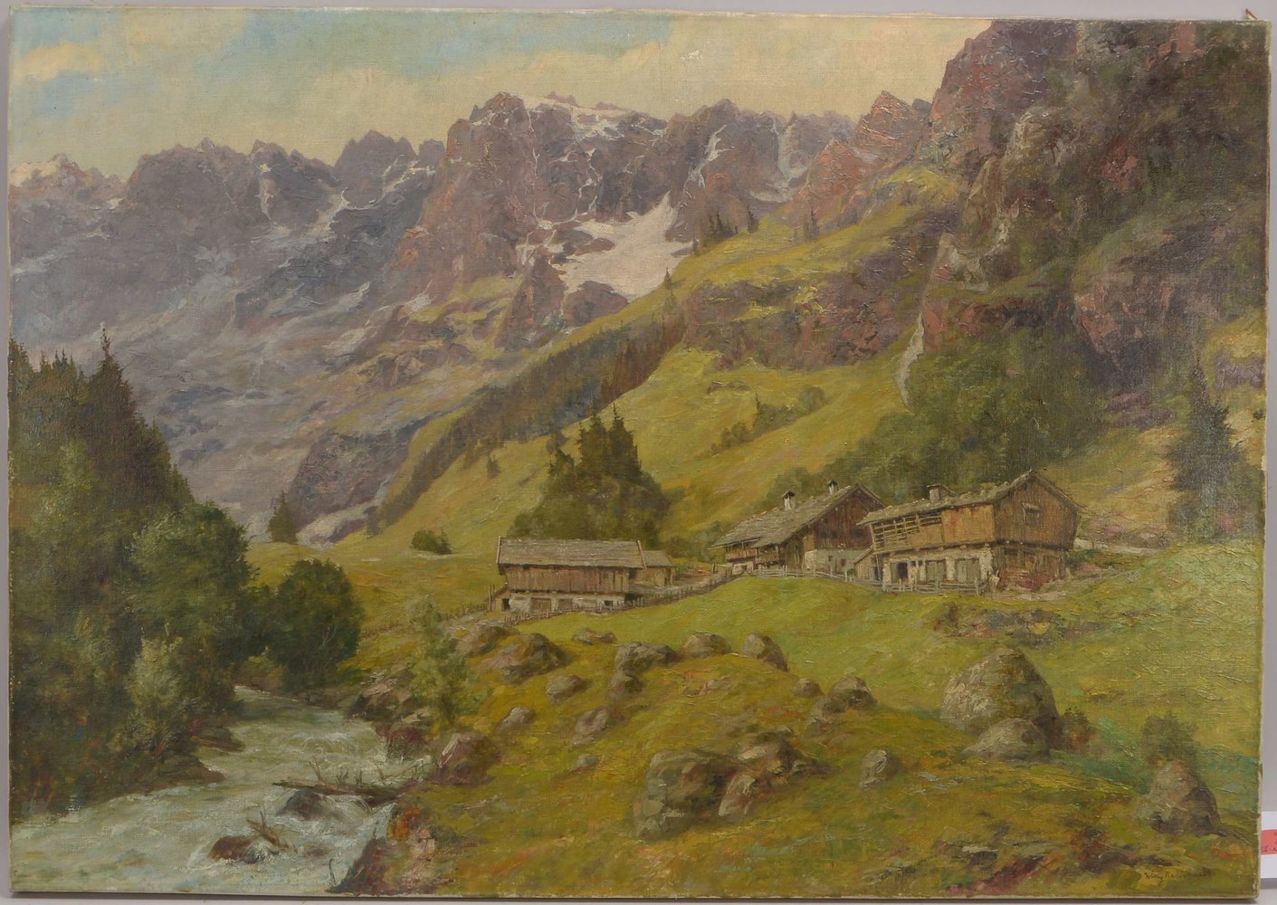 Gemälde, 'Süddt. Berglandschaft mit Hütten', Öl/Lw, unten re. sign., ungerahmt