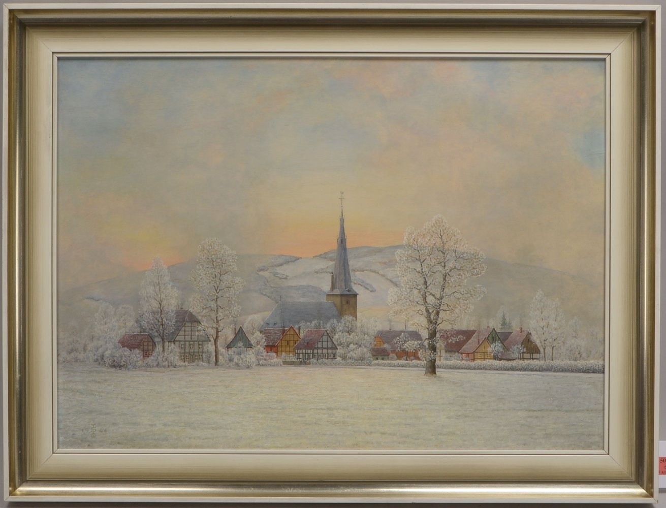 Monogrammist, 'Dorf im Winter', Öl auf Platte/gerahmt, unten links monogrammiert und datiert '1946';