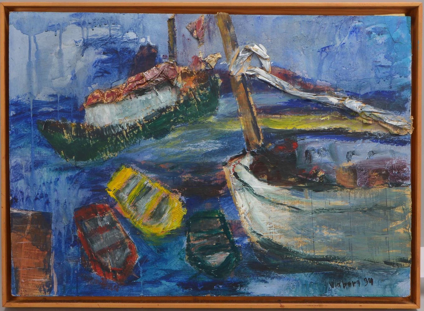 Winberg, Bengt, 'Hafenansicht', Mixed Media - Zeitung/Acryl auf Malkarton, sign.