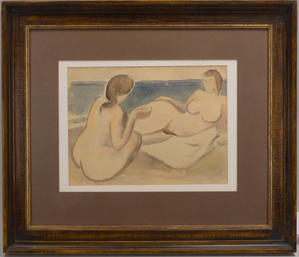 Meller(?), 'Zwei Badende am Strand', aquarell. Zeichnung, sign./dat. (19)'53', hinter Glas