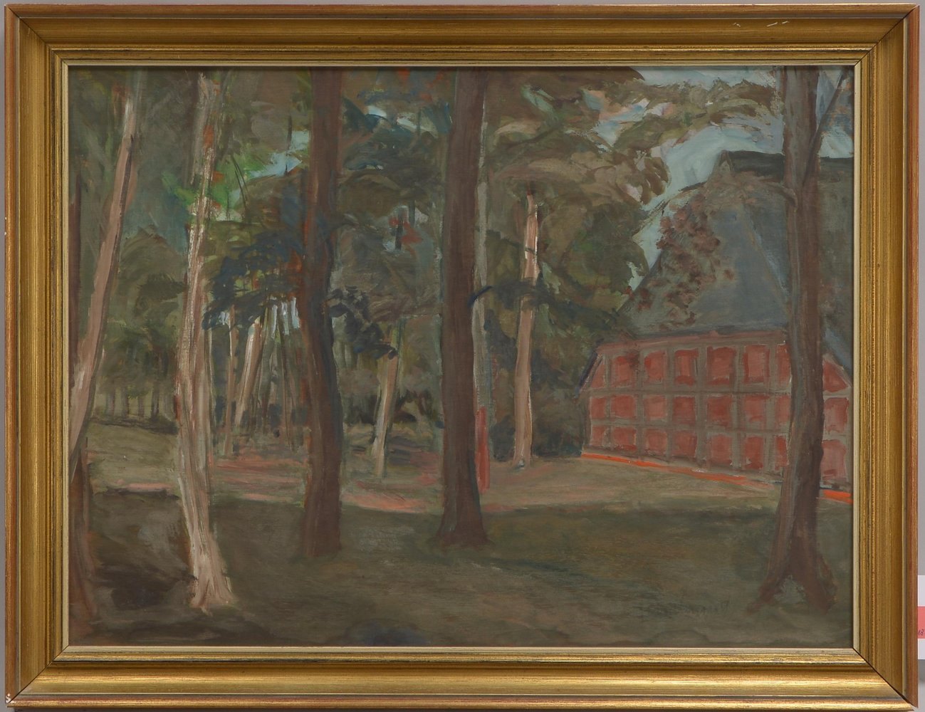 Gemälde, 'Bauernhaus im Wald', Öl auf Holz/gerahmt, unten rechts signiert