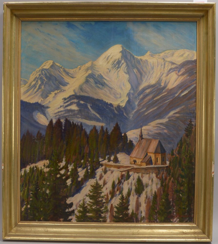 Klampfer, Felix, 'Kirche in österr. Berglandschaft', Öl/Lw, sign.; Bildmaße 80 x 70 cm