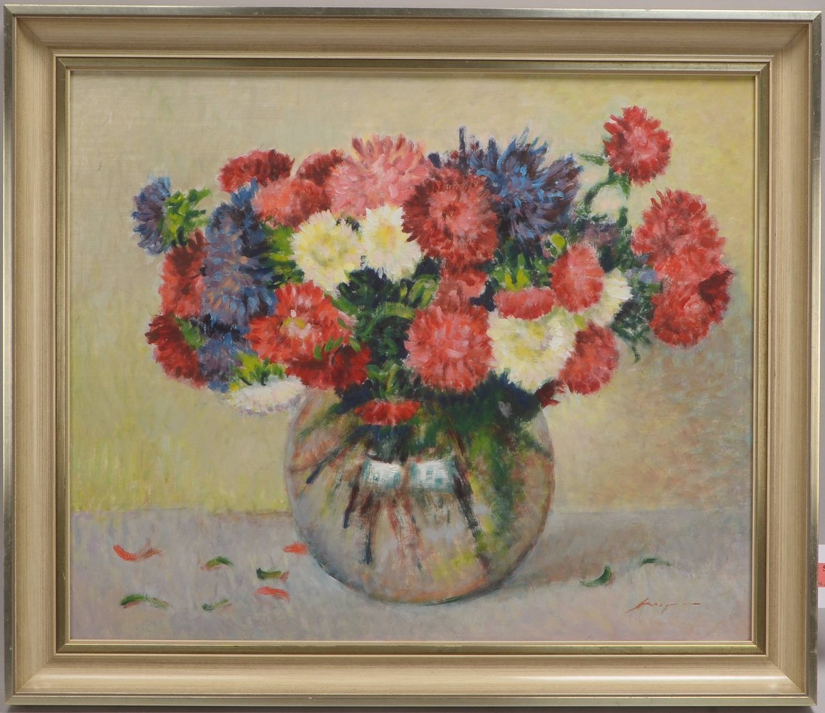 Wiegmann, Alfred, 'Chrysanthemen in Glasvase', Öl auf Hartfaser/gerahmt