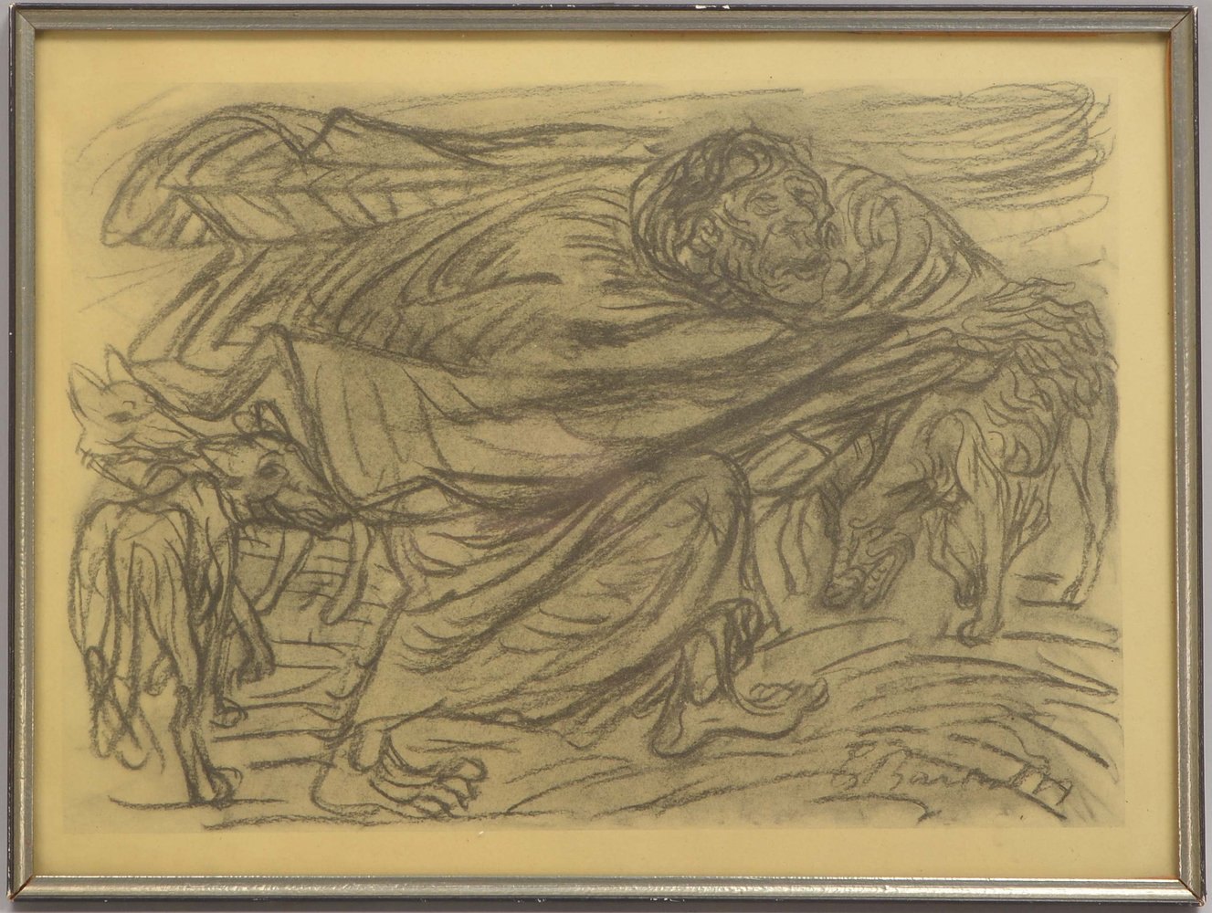 Barlach, Ernst, 'Angriff der Wölfe', Lithografie, hinter Glas gerahmt; Maße 27 x 36 cm