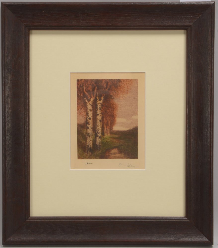 am Ende, Hans, 'Landschaft mit Birken', Lithografie, unter PP hinter Glas gerahmt
